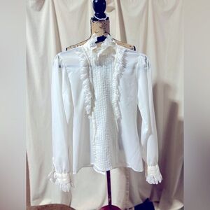 80s Vintage White Ruffled Blouse